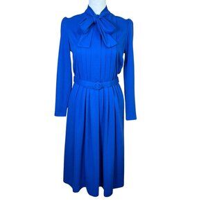 Vintage 70s Newton Centre Long Sleeve Pleated Dress Blue USA Union Made Size 6